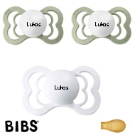 Bibs Supreme Schnuller mit Namen, Symmetrisch, Latex, Gr. 2, 2 Sage, 1 White, 3'er Pack